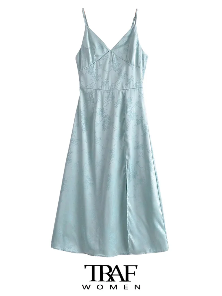 

TRAF Women Fashion Front Slit Jacquard Midi Dress Vintage Backless Zipper Thin Straps Female Dresses Vestidos Mujer