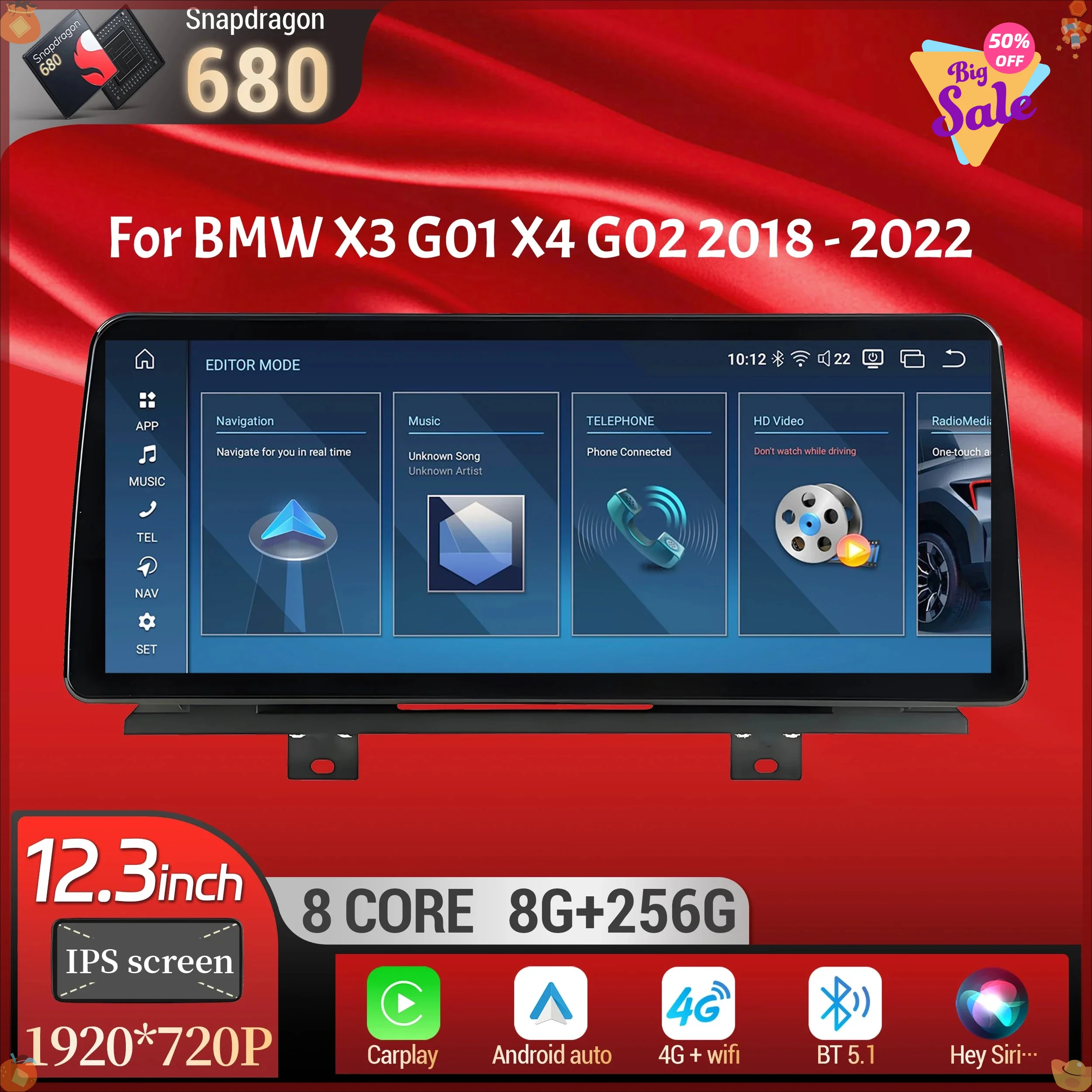 Фото 12,3-дюймовый экран для BMW X3 G01 X4 G02 2018-2022, Android 14, автомобильная магнитола с 4G, GPS, беспроводным Bluetooth, CarPlay, процессор Snapdragon 680 №1