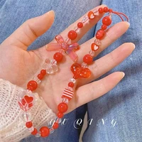 new trend red resin bowknot heart flower beaded anti lost chain lanyard mobile phone charm for women girl jewelry