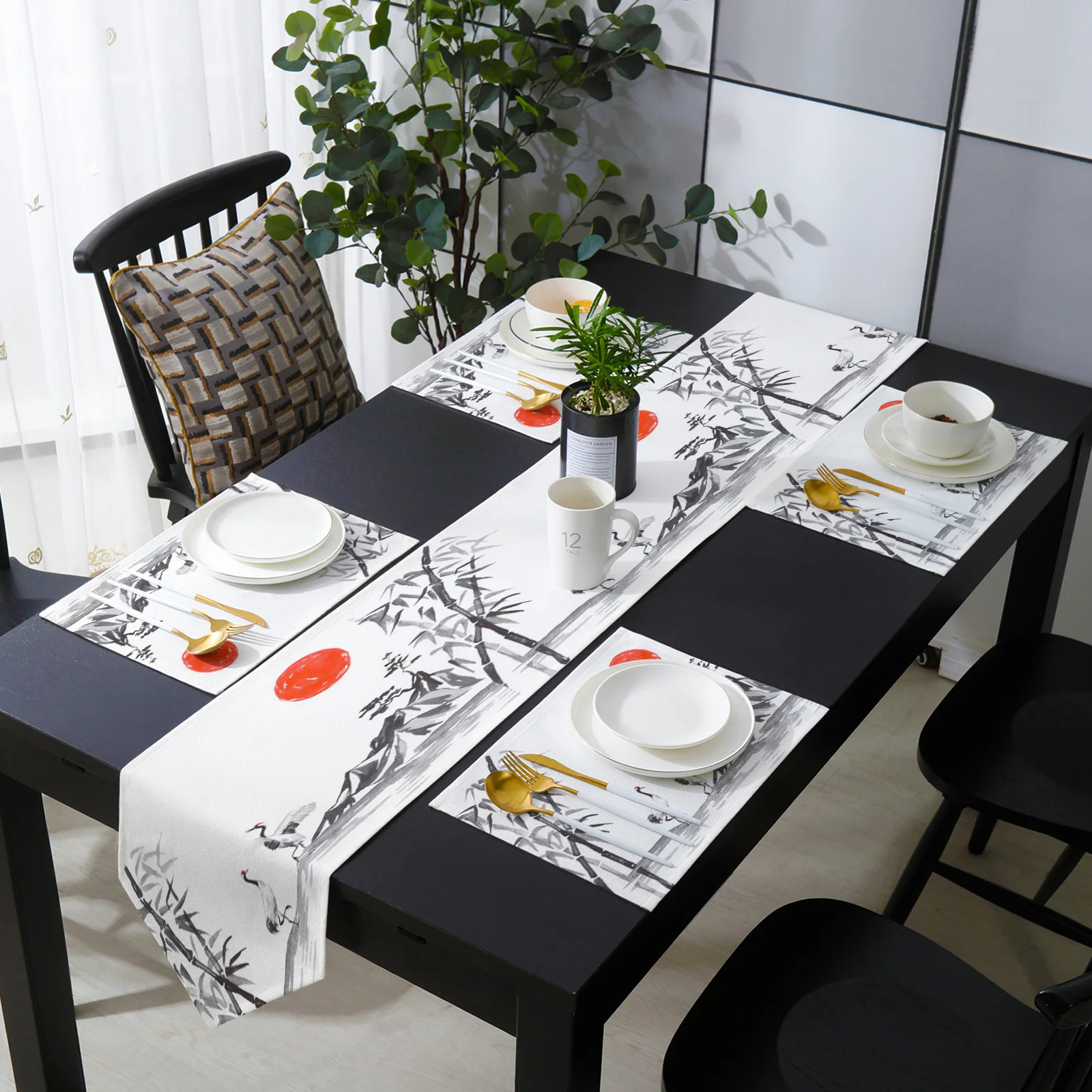 

Chinese Style Painting Crane Bamboo Sun Mountain Tree Table Runner Set Country Wedding Table Decoration for Kitchen Home Dining