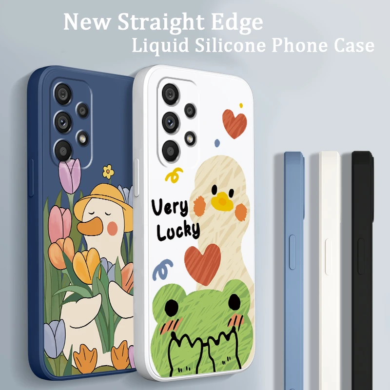 

Flowers Cute Drawing Duck Liquid Rope Funda Phone Case For Samsung A73 A53 A33 A52 A32 A23 A22 A71 A51 A21S A03S A50 A30 5G