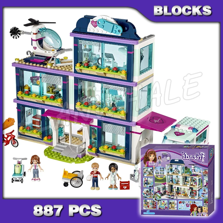 

887pcs Friends 3-story Modular Heartlake Hospital Ambulance Helicopter Nursery 10761 Building Blocks Sets Compatible With Model
