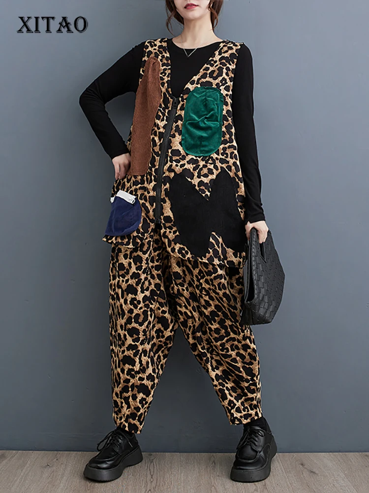 

XITAO/леопардовые Лоскутные комплекты со штанами на молнии с v-образным вырезом, Свободный жилет без рукавов с карманом, штаны с эластичной резинкой на талии, 2023 г. Новая модная осенняя одежда LYD1410