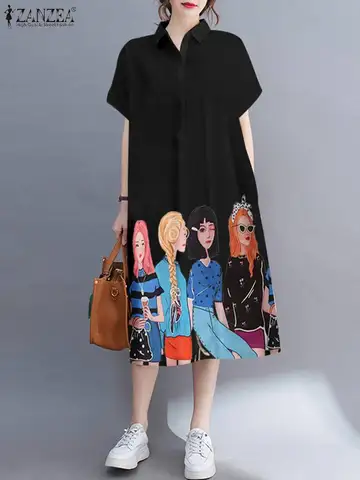 Сарафан ZANZEA женский оверсайз с принтом, повседневное свободное платье средней длины с коротким рукавом, для отдыха, лето 2024