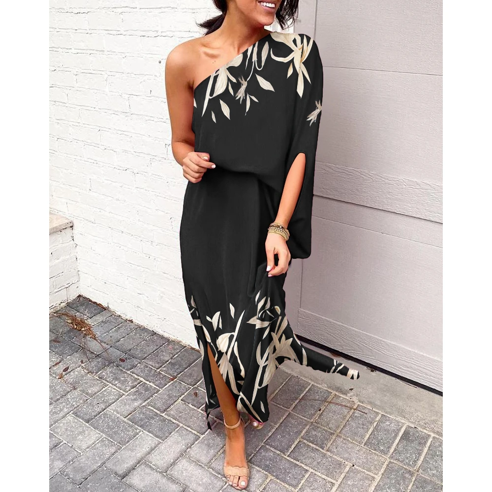 

2022 Summer Women Plants Print One Shoulder Split Hem Maxi Dress Fashion Femme Batwing Sleeve Casual Vacation Outfits Robe