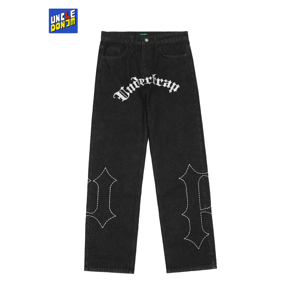 

Джинсы UNCLEDONJM мужские с вышивкой, готические прямые брюки в стиле хип-хоп, винтажные модные джинсы в стиле хип-хоп