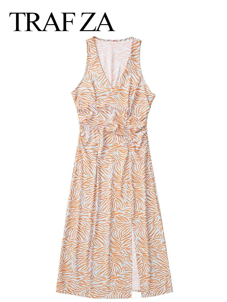 

TRAF ZA Casual Fashion Party Elegant Lady Dress Summer V-Neck Mature Sexy High Slit Waist Retro Striped Print Women's Dress