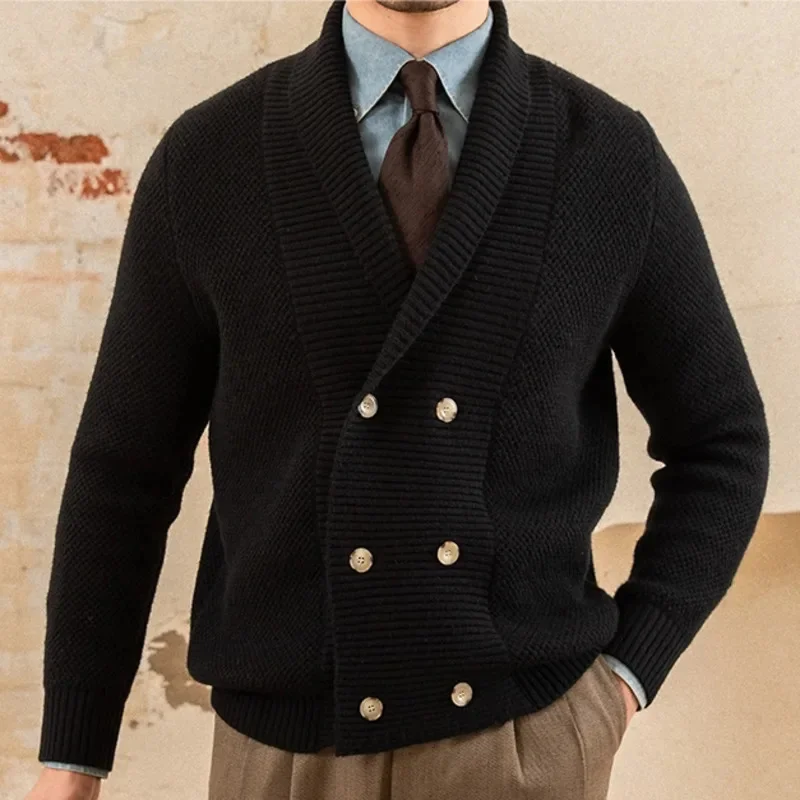 Однотонный мужской вязаный кардиган свитер Высококачественная двубортная