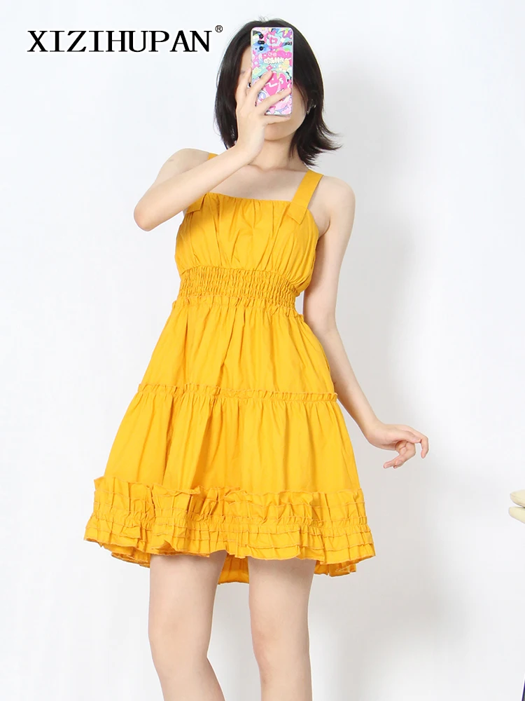

XIZIHUPAN Sweet Yellow Sling Dress For Women Square Collar Sleeveless Gathered Waist Mini Dresses Female Summer Clothing Fashion