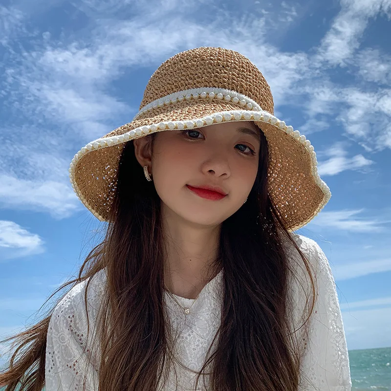 

2022 Women's Hats Woven Pearl Brim Straw Cap Spring and Summer Thin Section Sunscreen Beach Fisherman Cap Sun Hat