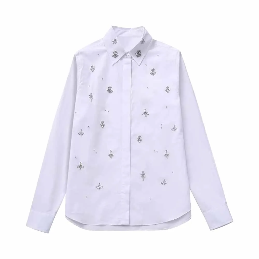 

Женская рубашка из поплина, с длинным рукавом, украшенная бижутерией