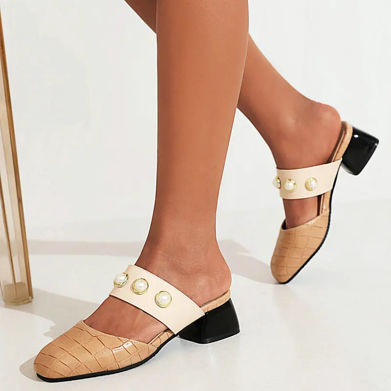 

Женские уличные тапочки с жемчугом, удобная летняя обувь на высоком устойчивом каблуке, Женская клетчатая обувь в римском стиле с цветными ...