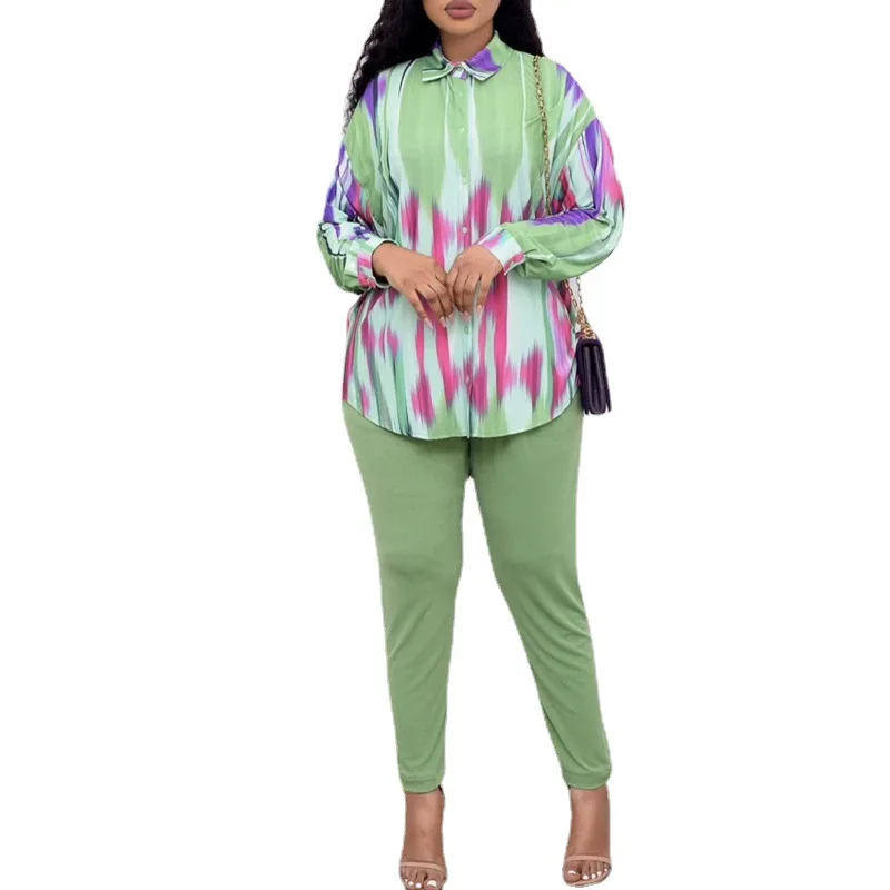

Two Piece Women Set Turn Down Collar Loose Shirt Tops Outfits Fashion New Tie Dye Print Casual Office Lady Pencil Pant Suits Set