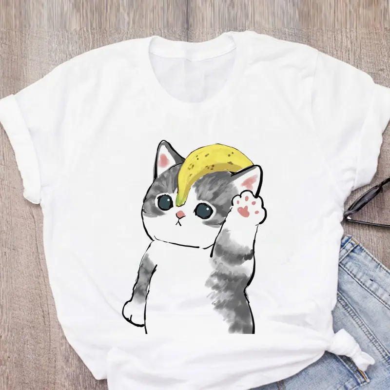 

Женская футболка с милым котом, забавная мультяшная футболка в стиле Харадзюку, футболка с графическим принтом ольччан, футболка 90-х годов, ...