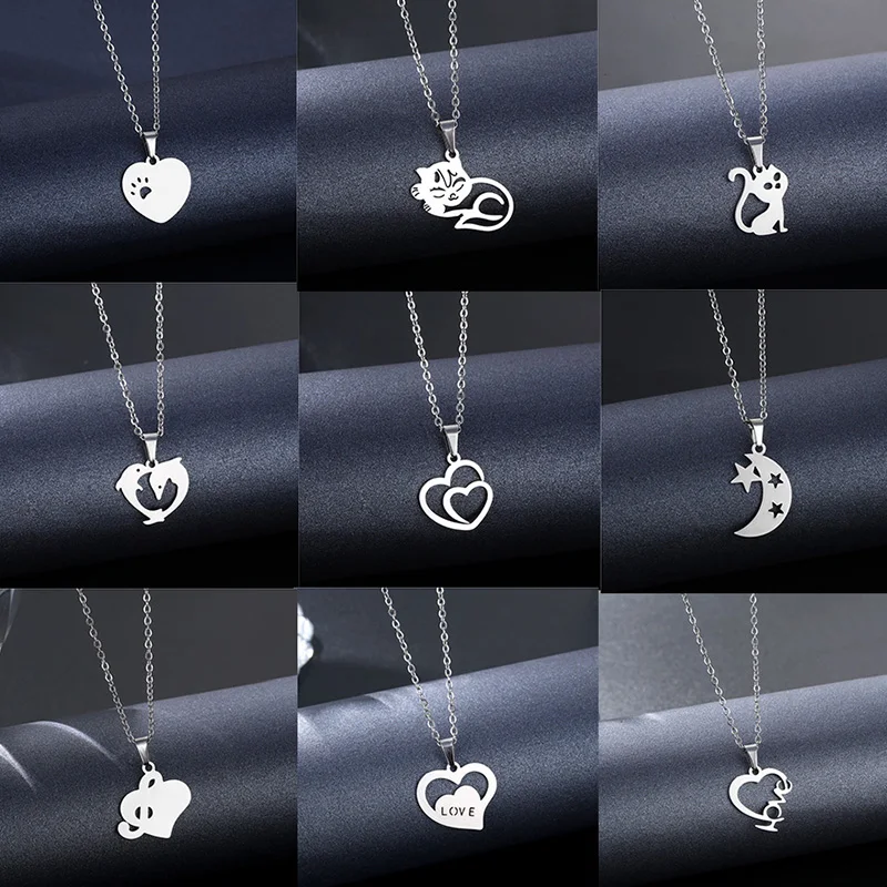 

Fashion Stainless Steel Heart Cat Moon And Star Pendant Chain Necklace For Women Men Valentine's Day Present Necklaces Jewelry