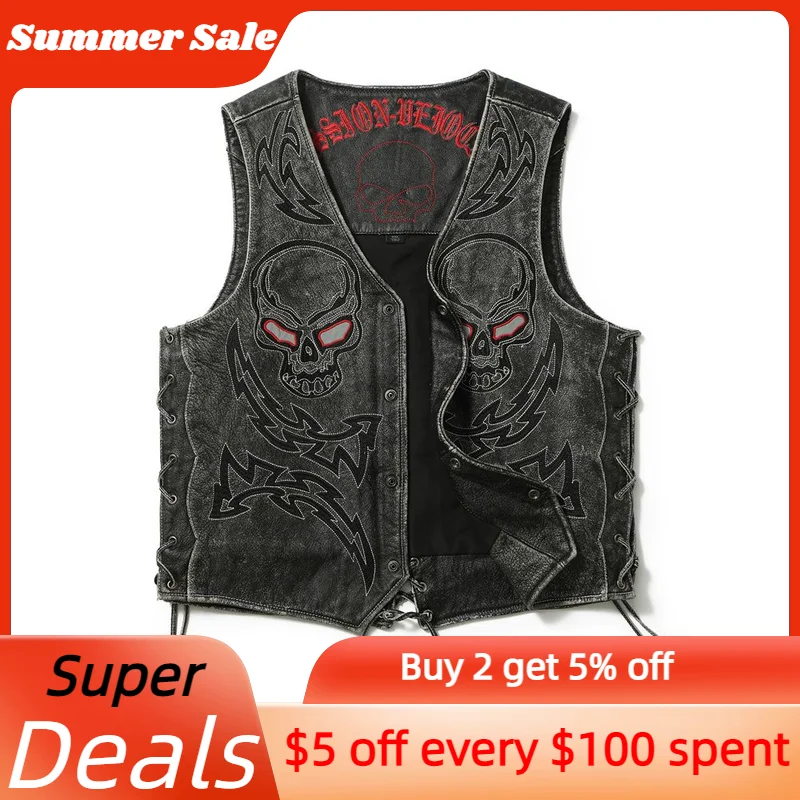 Винтажный черный жилет из натуральной кожи для мужчин в байкерском стиле размера