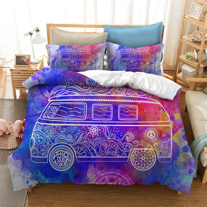 

Sign Bedding Set Microfiber Boho Mandala Comforter Cover Peace Symbol Duvet Cover King Hippie Psychedelic Camper Van Peace
