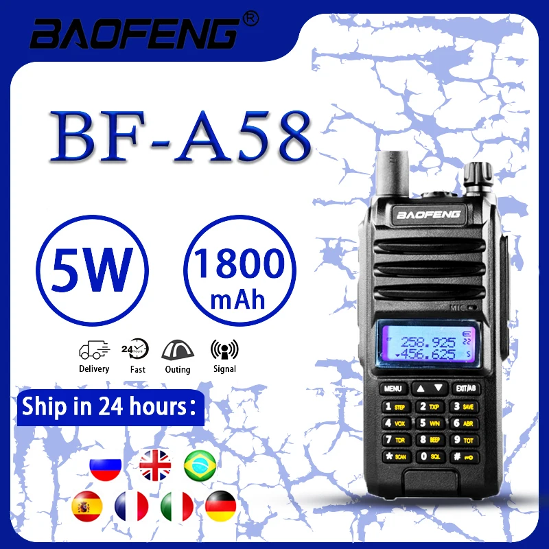 

Baofeng BF-A58 5W 2022New walkie talkie LED screen IP57 waterproof hunting walkie talkie 10km two way high frequency transceiver