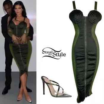 Sexy Evening Dress Kylie Jenner Style Sling Green Stitching Slim Socialite