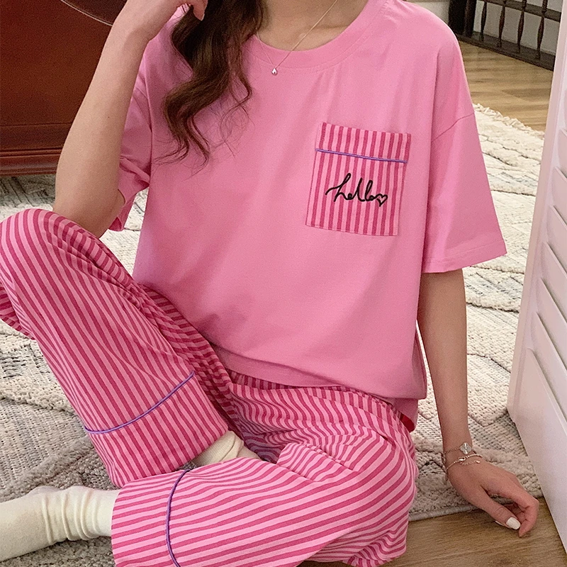 Новинка Хлопковая женская пижама одежда для сна с принтом в полоску комплекты