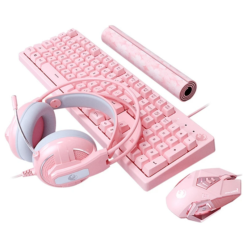 

Набор игровой проводной клавиатуры и мыши, милая клавиатура с розовым сердечком и подсветкой, Проводная игровая гарнитура с механическим о...