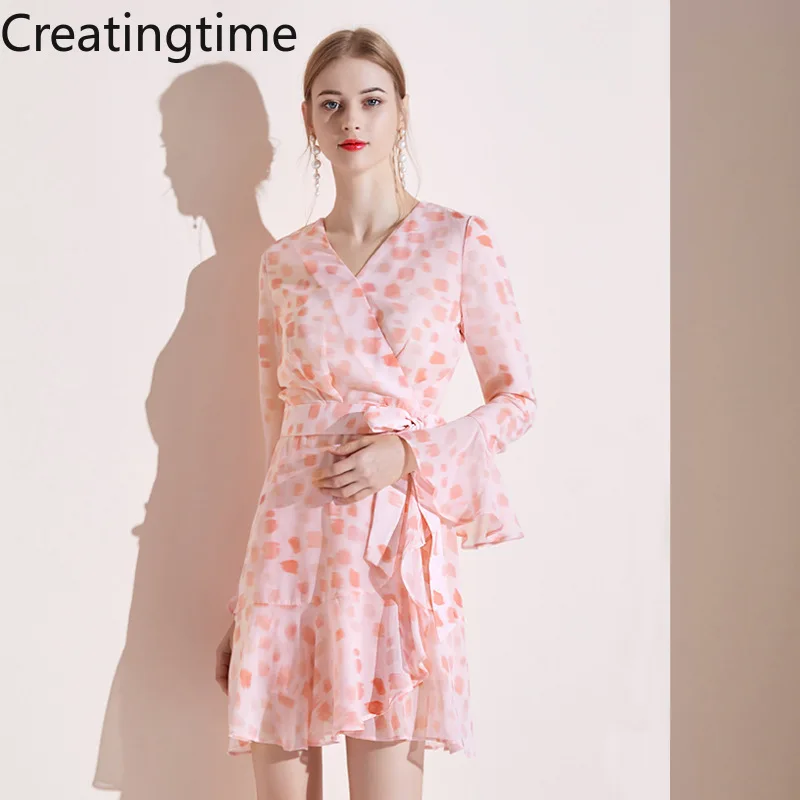 

Женское шифоновое платье Creatingtime, розовое платье с V-образным вырезом, Расклешенным рукавом, принтом и оборками, с завышенной талией, LH099, весн...