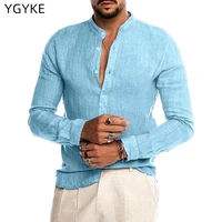 2022 new mens fashion thin casual cotton linen solid color long sleeve shirts mens loose tops stand collar shirts