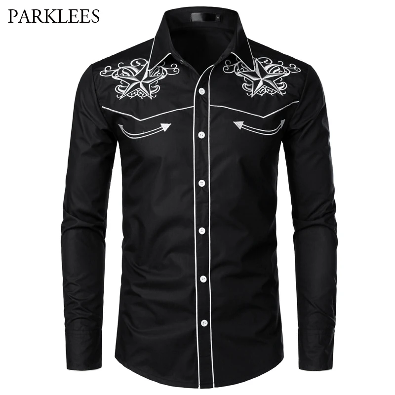 Black Embroidery Shirt Men 2022 Brand New Star Mens Button Down Shirts Men's Long Sleeve Dress Shirts Chemise Homme Camisa XXL