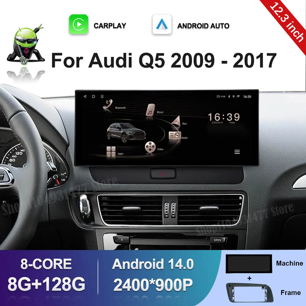 Фото 12,3-дюймовый GPS-навигатор, беспроводной Carplay Android 14 для Audi Q5 2009-2017 BT, автомобильный мультимедийный видеорадиоплеер, 4G, автоинструменты №1