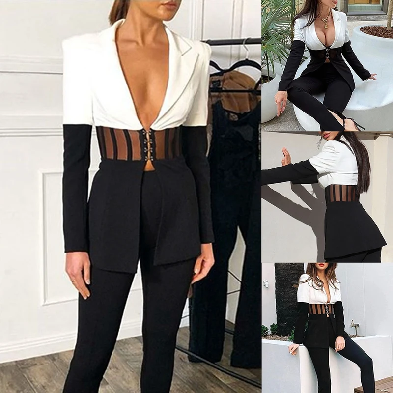 

Women Patchwork Jacket Sexy V Neck Long Sleeve Casual Party Wear Fall Elegant Fashion Top