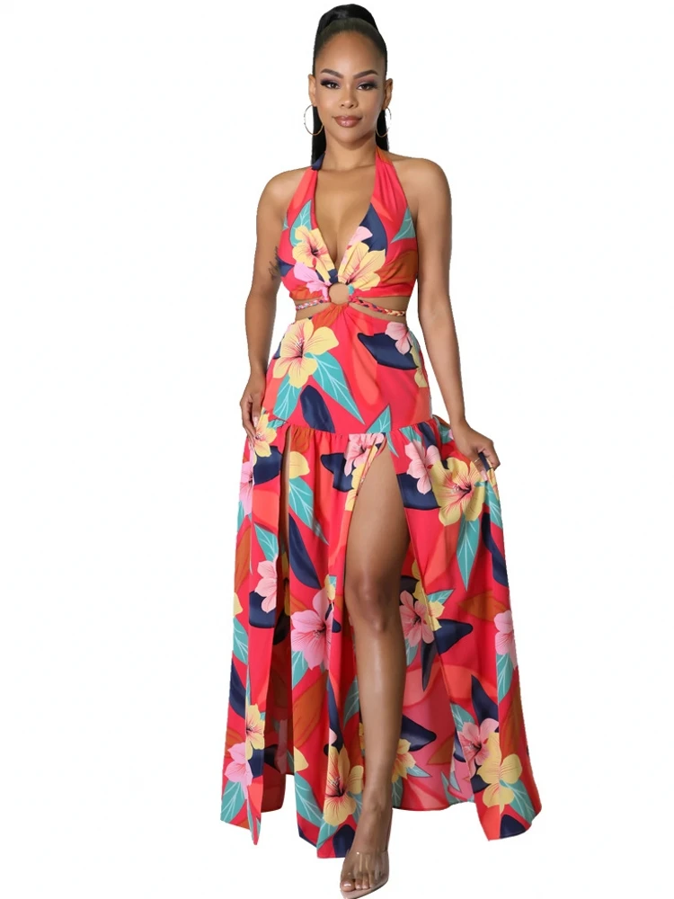 

Retro Floral Print Bikini Cover-ups Sexy Cross Open Back Sleeveless Summer Dress Women Beach Wear Swim Suit Cover Up 2022