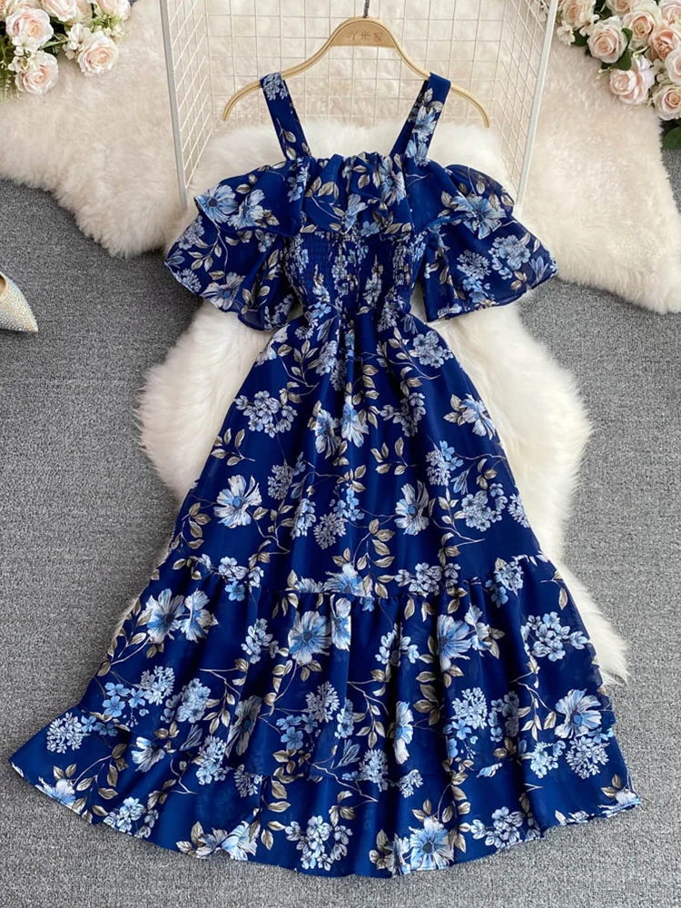 

FMFSSOM летнее женское праздничное платье на бретелях-спагетти с высокой талией, тонкие шифоновые платья без рукавов с открытой спиной и оборк...