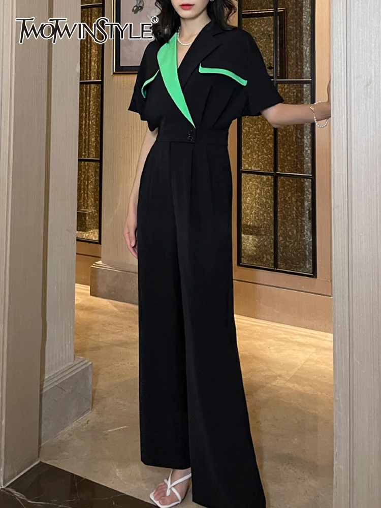 

TWOTWINSTYLE Streetwear Loose Jumpsuit For Women Notched Collar Short Sleeve High Waist Casual Wide Leg Pants Female Fashion New