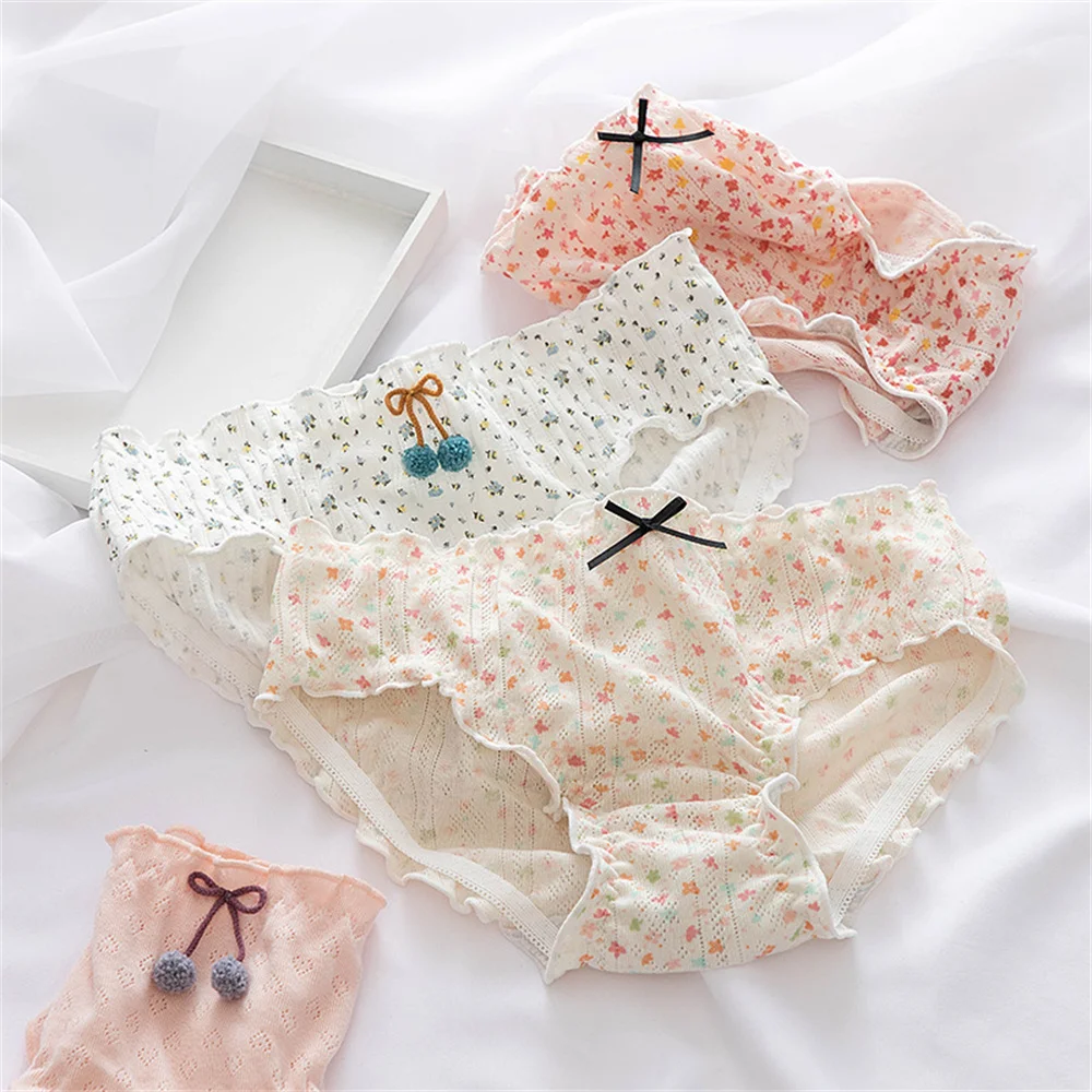 

Women Cotton Underwear Cute Kawaii Pink Girl Bow Panties Sexy Ruffles Panties Mid Waist Seamless Comfort Briefs Female Lingerie
