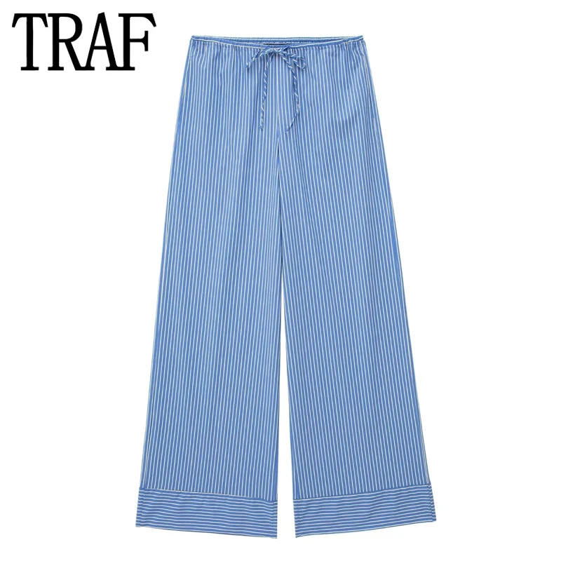 

TRAF Blue Wide Leg Pants Women Striped Baggy Pants Woman Fashion Y2K Streetwear Summer Casual Pants Mid-Waist Woman Trousers