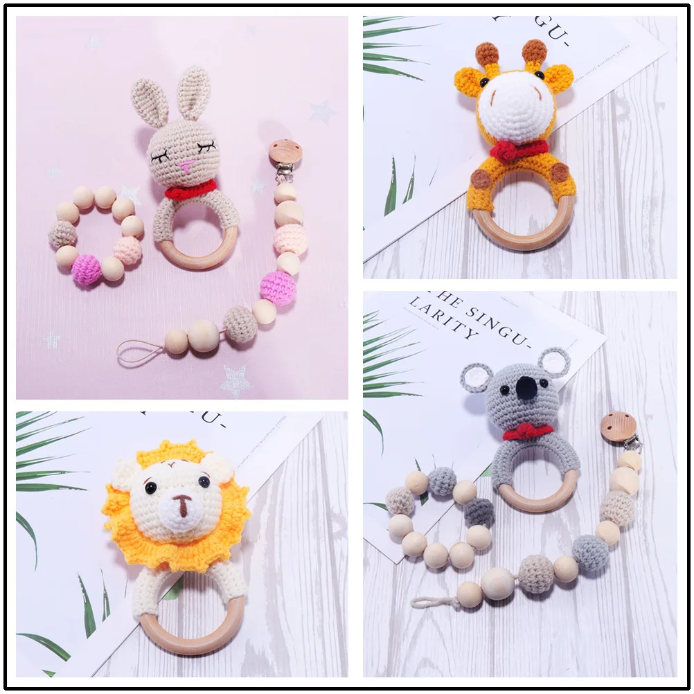 Baby Rattle Teether Toys Wooden Crochet Lion Fox Bear Rattle Bell Newborn Knitting Gym Toy Teether Baby Mobile Rattle Toy 0-12M images - 6