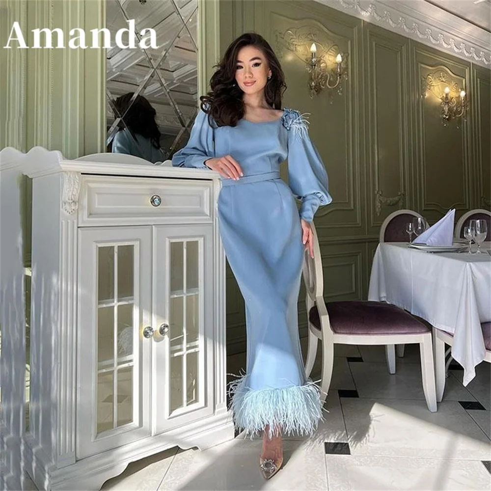 Amanda Baby Blue Puffy Sleeve فساتين مناسبة رسمية Luxury Ostrich Hair Prom Dress 2023 Elegant Mermaid Vestidos De Noche