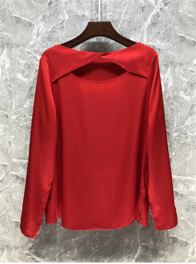 Tops Fashion Silk Blouses 2023 Spring Summer White Red Blouse Women Hollow Out Sexy Long Sleeve Elegant Blouse Tops Female