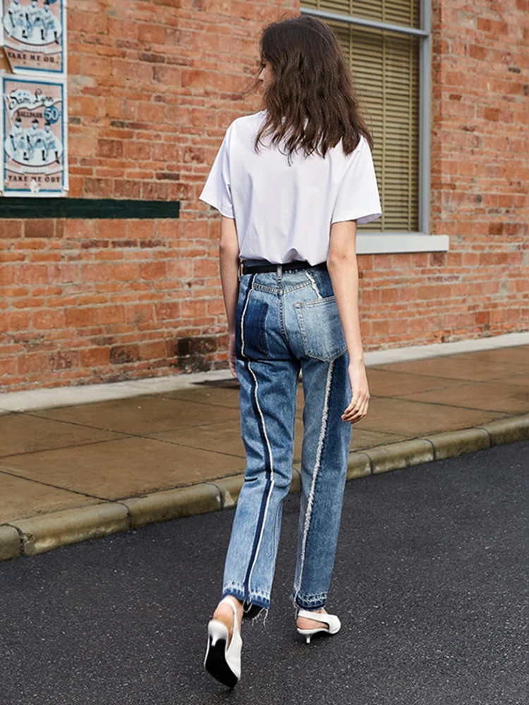 [EAM] женские джинсы с высокой талией и контрастной строчкой синие стильные брюки