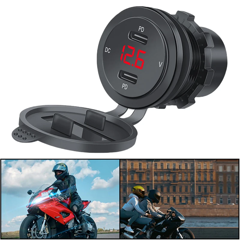 

1pc Dual PD USB Fast Motorcycle Charger With Digital LED Display Fireproof PC Material For DC 12/24V Car Boat Marine