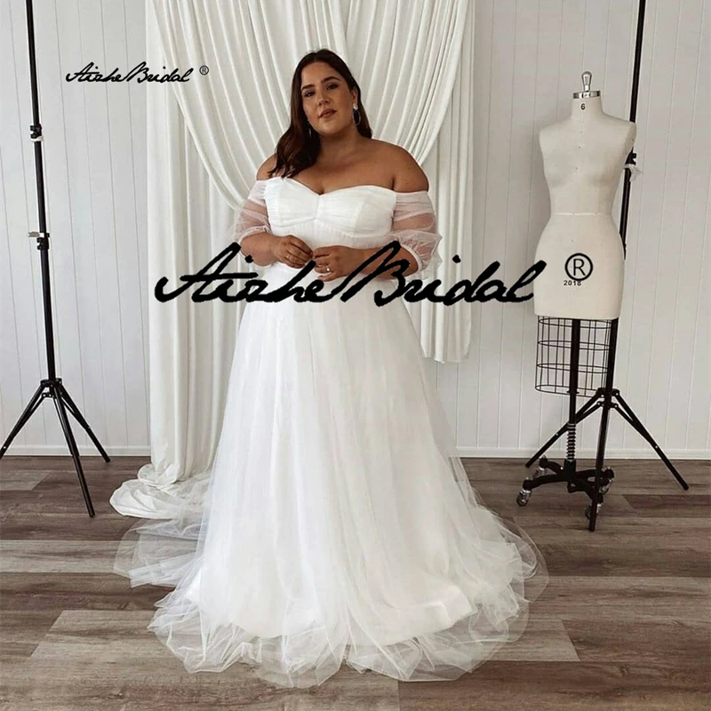 

Современное Элегантное свадебное платье трапециевидной формы с открытыми плечами и шнуровкой, белое Тюлевое свадебное платье