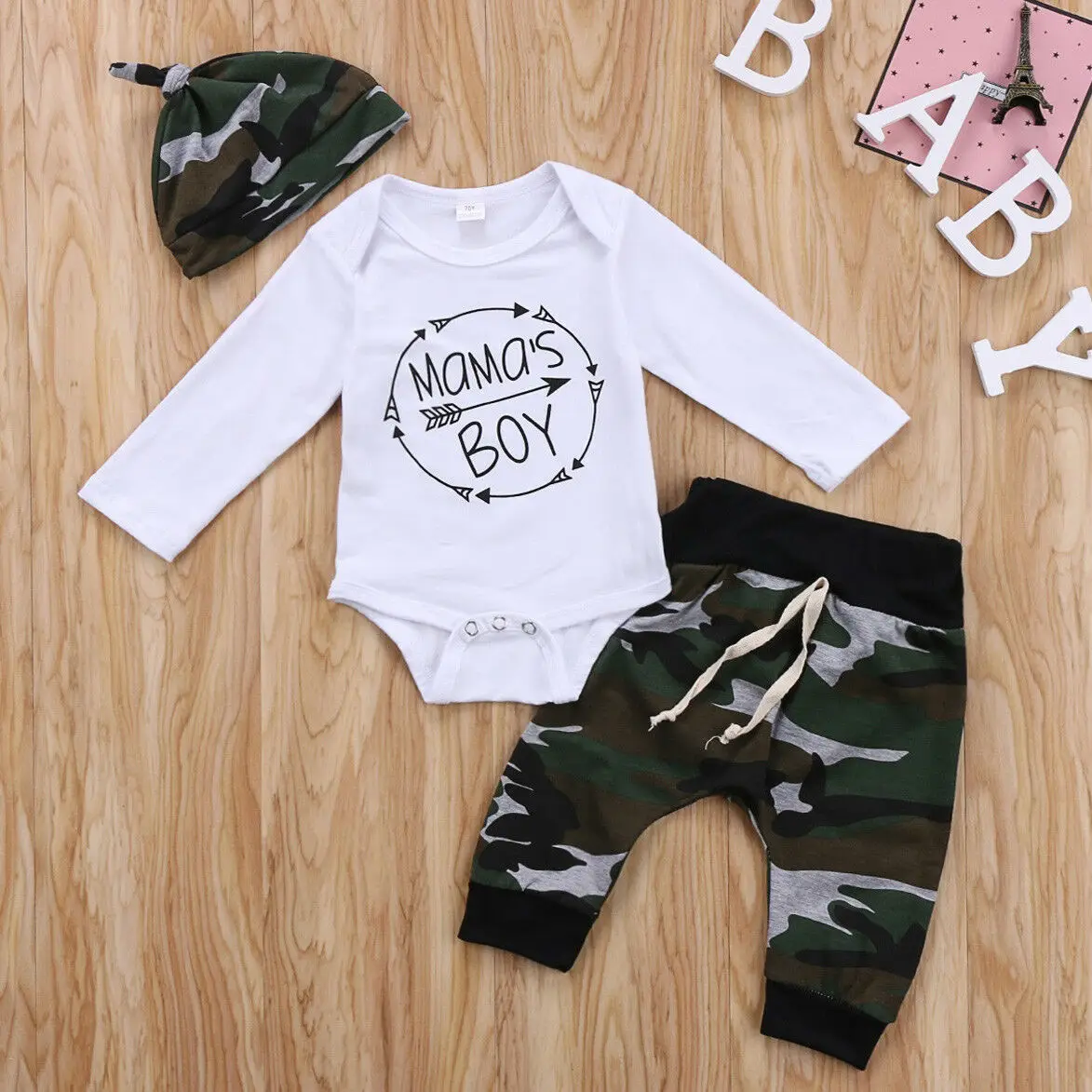 

Baby Boy Clothes Set Letter Bodysuit Romper Camouflage Pants Beanie Hat Headband 0-18M Newborn Infant Toddler Spring Fall Outfit