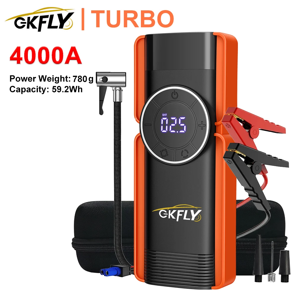 GKFLY Jump Starter 4 в 1, насос, воздушный компрессор, 4000 А, внешний аккумулятор, 12 В, цифровой насос для накачивания шин, 150 фунтов на квадратный дюйм, усилитель аварийной батареи