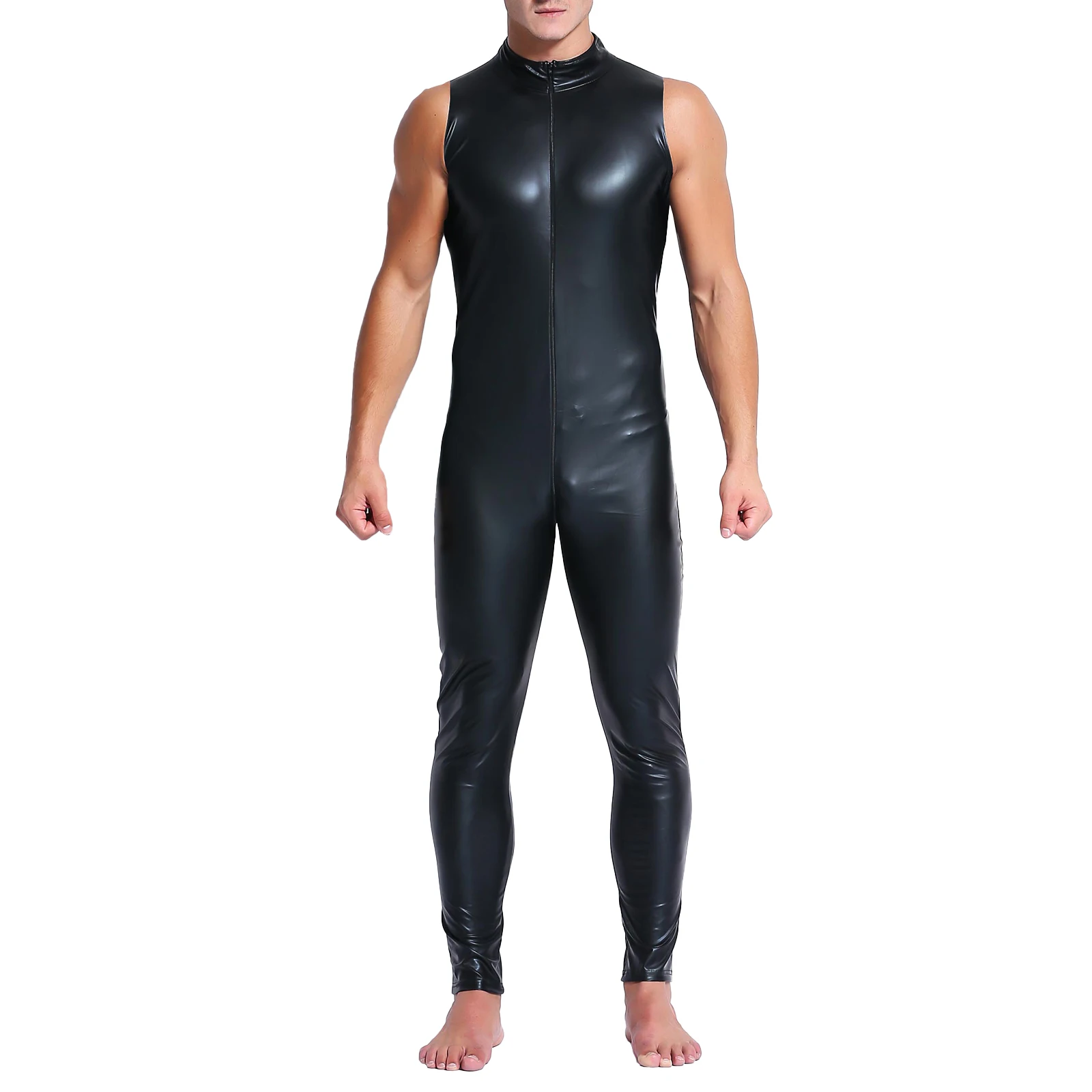 

Мужское нижнее белье, эластичный облегающий боди, цельный костюм с высоким воротником, без рукавов, на молнии, облегающий эластичный комбинезон