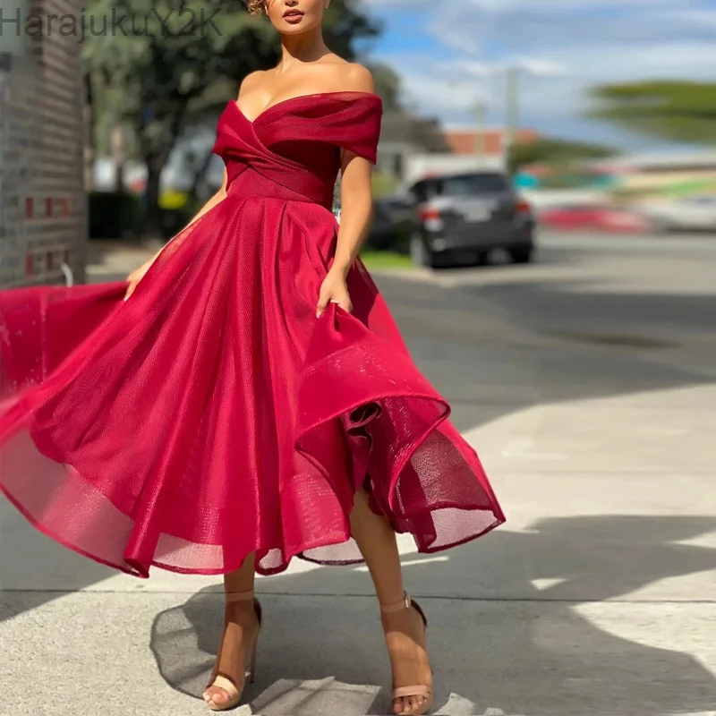 

2022 Sexy Off Shoulder Solid Mesh Long Dress Elegant Chic Wrap V Neck Ruffle Dress New Fashion Women A-Line Wedding Party Dress