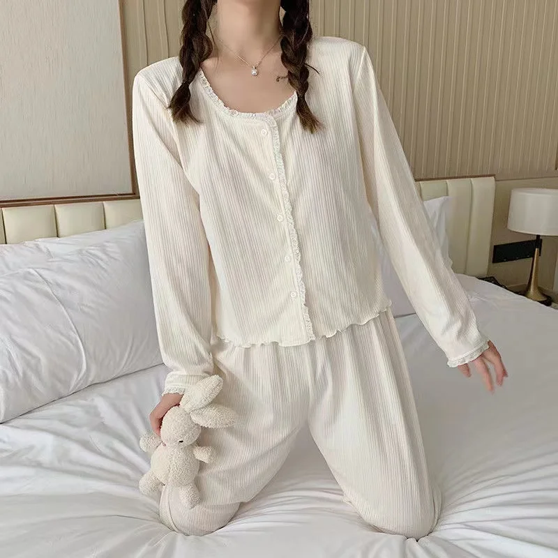 100% Cotton Women's Pajamas Sets Spring Pyjamas Suits 2Pcs Long Sleeves Trousers Comfortable Breathable Lounge Wear Home Clothe