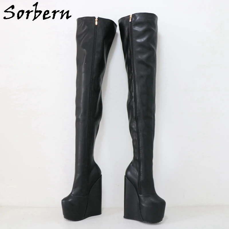 Sorbern 22cm Crotch Thigh High Boots Unisex Wedges High Heels Platform Drag Queen Shoes DIY Wide Fit Calf Slim Fit Size 33-48