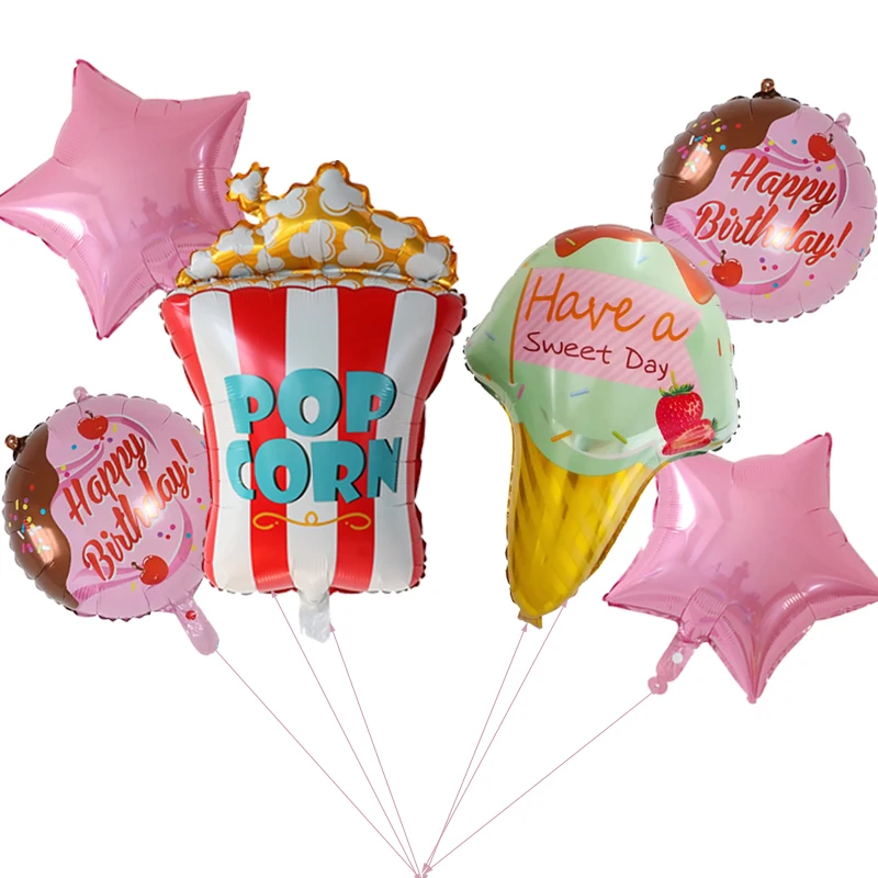 6Pcs Cute Ice Cream Balloons Set Popcorn Air Globos Children's Birthday Party Wedding Baby Shower Home Decorations Kids Toy Gift