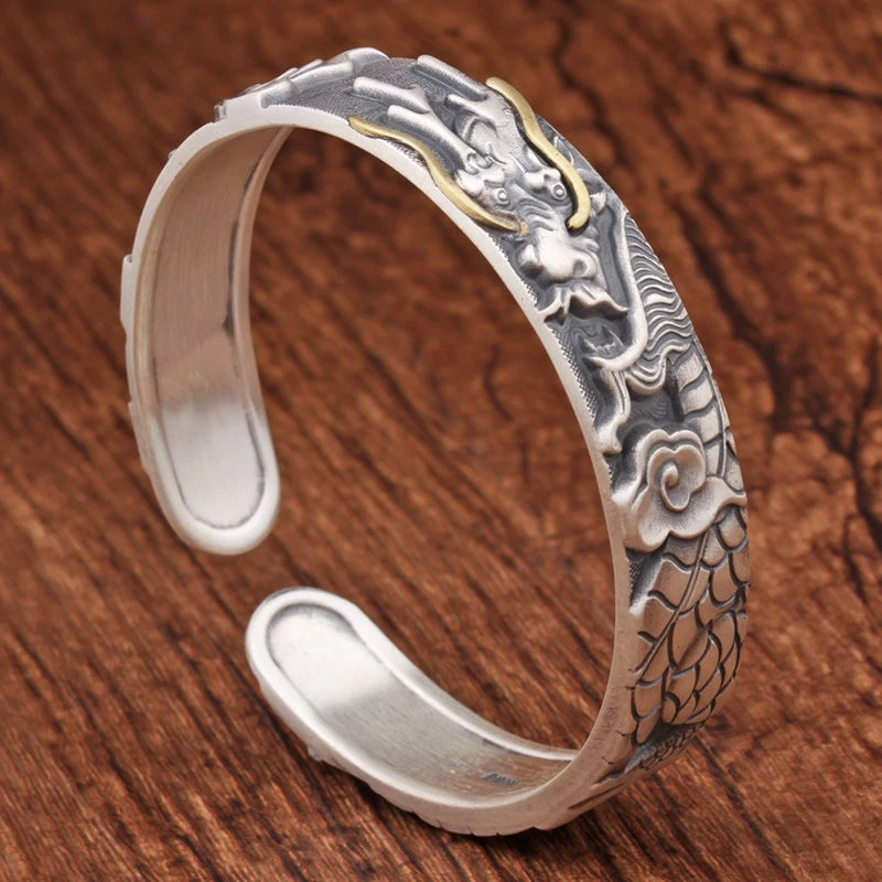 

High class domineering dragon bracelet men's 925 Tibetan silver woven antique bracelet wide version open bracelet gift wholesale