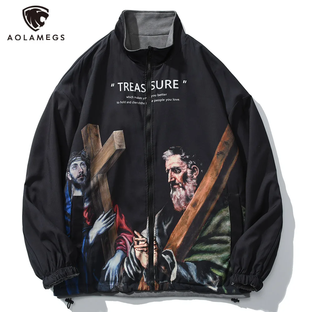 

Aolamegs Men Baggy Jacket Vintage Double-Sided Wearable Letter Print Embroidery Zipper Coat Hip Hop High Street Fashion Clothes